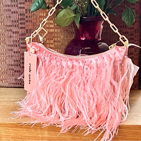 🌺🎉HP🎉🌺 NWT Cult Gaia Gia Ostrich Feather & Pearl Shoulder Bag Azalea 🌟Rare🌟 - Picture 5 of 16